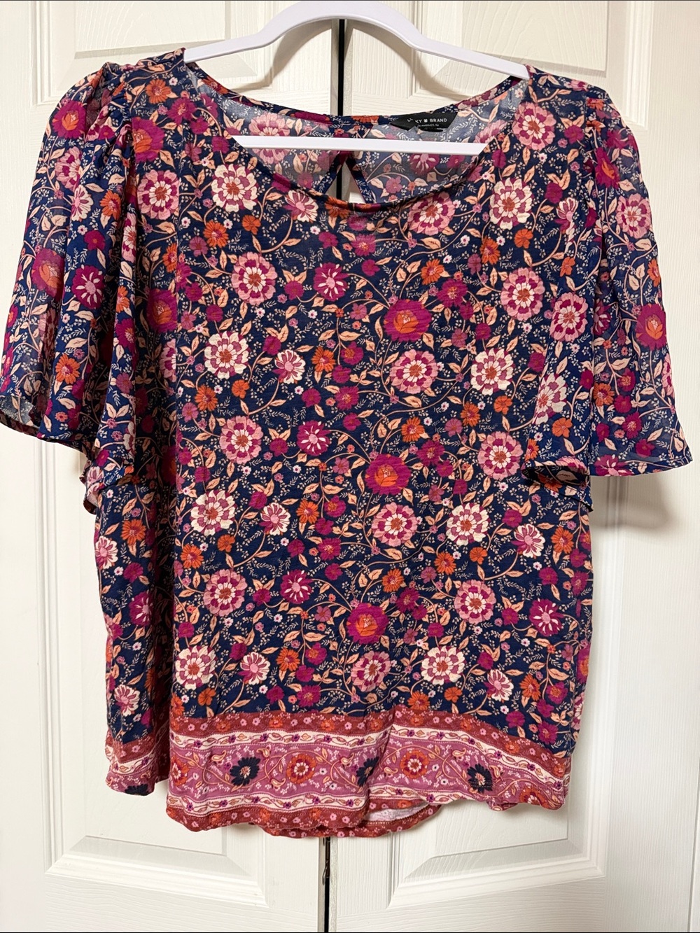 Lucky Brand Navy Floral Short-Sleeve Blouse with Pink & Orange Flowers